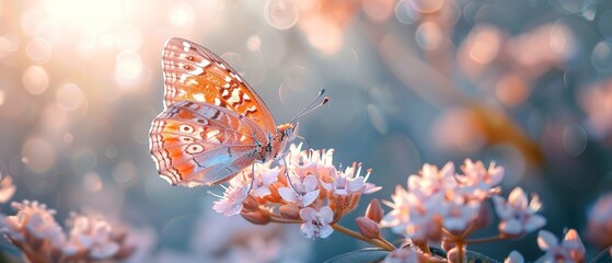Butterfly on flower, close up, wings spread, detailed patterns, soft focus