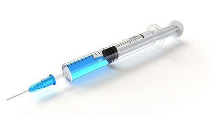 Fototapeta premium Syringe with blue liquid, symbolizing medical. Isolated on white. Vaccination concept.