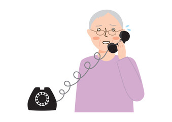 焦って黒電話を受ける高齢女性