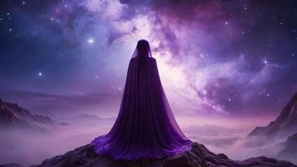 Woman's figure against purple milky way space sky