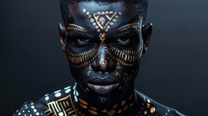 A striking black man with a commanding presence his face a canvas for intricate patterns and designs that fuse together traditional African art with abstract elements. His impeccable .