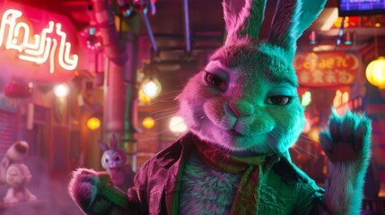 a lovable rabbit dances to the rhythm of its own soundtrack, illuminated by the mesmerizing glow of neon lights