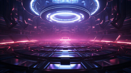 Abstract neon matrix technological stage, cyberpunk future 3D concept illustration