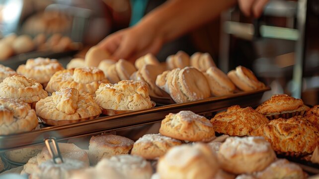 Person arranges variety of freshly baked, golden pastries on trays at bakery