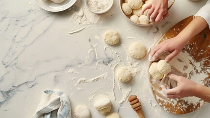 Hands preparing dough on marble countertop with scattered flour and wooden utensils - obrazy, fototapety, plakaty