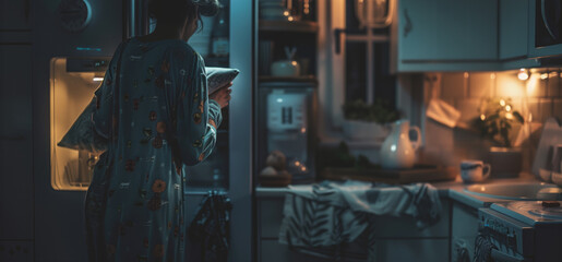 Person in pajamas holding pillow, standing dimly lit kitchen at night, contemplating - obrazy, fototapety, plakaty