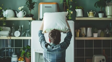 Person stretching with pillow in kitchen modern appliances and greenery