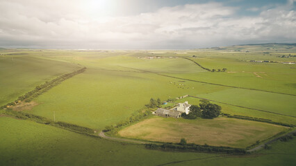 Sun shine at countryside landscape with farm aerial. Green pastures with animals. Rural farmland: cottages and barn at greenery valley. Campbeltown nature, Scotland, Europe. Cinematic sunlight shot