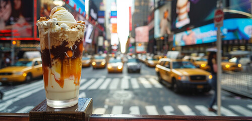 Delight in the contrast of flavors and scenery as you enjoy an ice cream cocktail against the backdrop of a busy city street, where the creamy sweetness offers a moment of tranquility amidst the urban