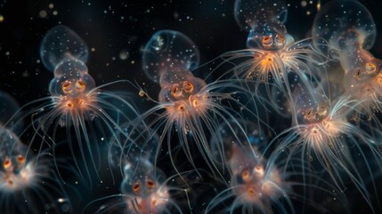 A group of rotifers extending and retracting their cilia in a synchronized movement creating a mesmerizing visual effect.
