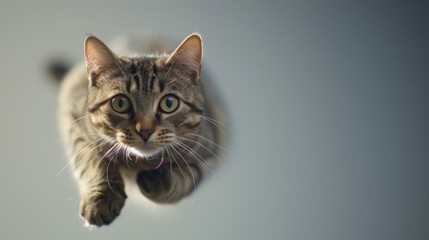 With ears perked and eyes wide, a funny tabby cat defies gravity as it leaps through the air, creating a comical scene against a background with plenty of copy space