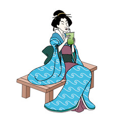 Ukiyo-e woman taking a rest and drinking beverage