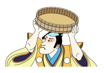 Kabuki man holding wooden container