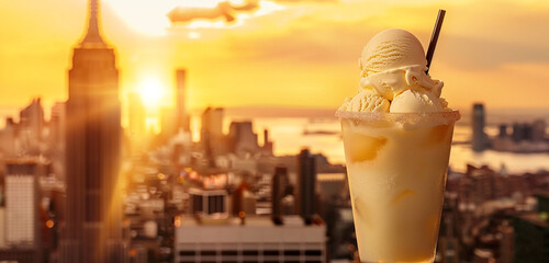 Savor the flavors of summer with an ice cream cocktail against the backdrop of a city skyline bathed in golden sunlight, where each sip is a taste of pure bliss - obrazy, fototapety, plakaty