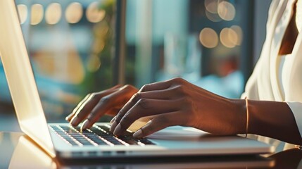 Close up of hands typing on laptop, working in office. Black woman's hand with bracelet writing text message using computer at desk