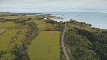 Countryside road at pine forest aerial. Nobody nature landscape at sea bay. Rural fields, meadows at ocean coast. Alcohol factory at shore. Port town Ellen, Islay Island, United Kingdom, Europe
