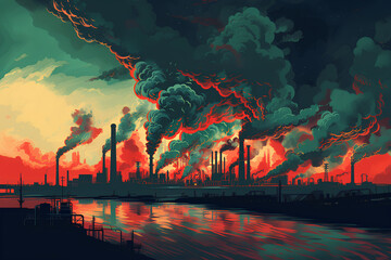 Silhouette of Industrial landscape by sunset with factories and smoking