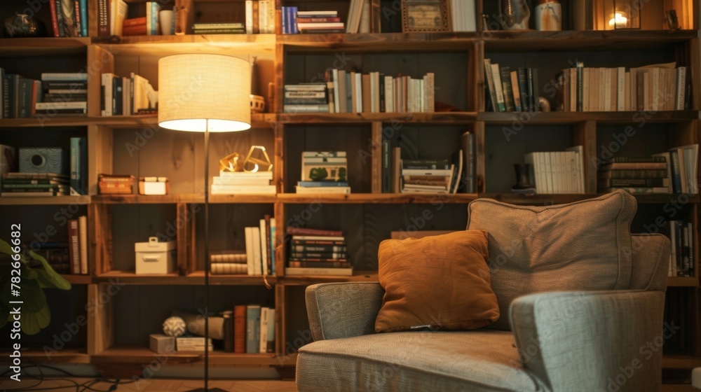 Poster a cozy reading nook featuring a reclaimed wood bookshelf with varying sizes and shapes of shelves. t