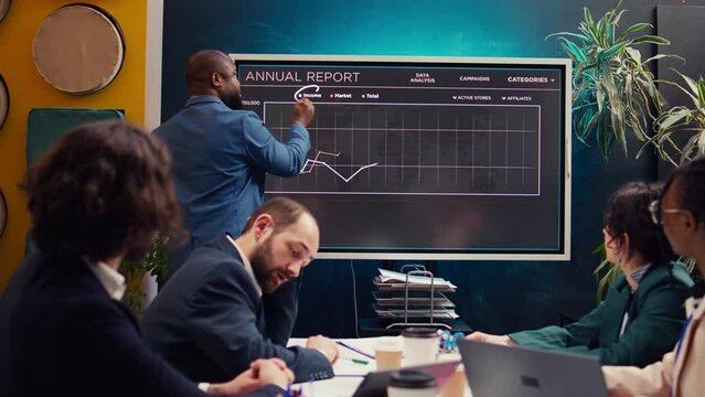 Chief operating officer presenting annual data reports in a conference room, reviewing product development to ensure alignment with customer needs and demands. Information sharing meeting. Camera B.