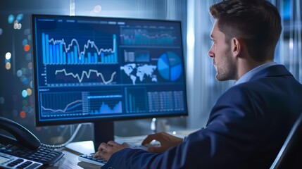 A businessman analyzing financial charts and graphs on a computer screen - obrazy, fototapety, plakaty