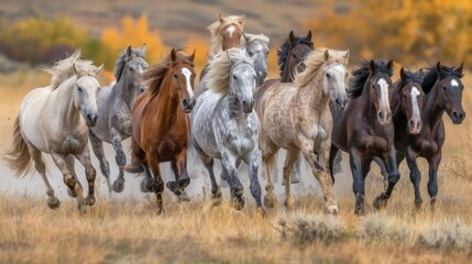 Fototapeta premium a herd of horses charges over a hill with unparalleled energy and grace, their powerful strides and flowing manes creating a mesmerizing spectacle of movement and power