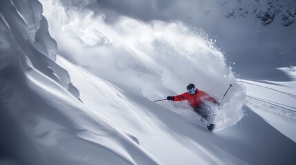 A dynamic snowboarder carving through fresh powder - obrazy, fototapety, plakaty