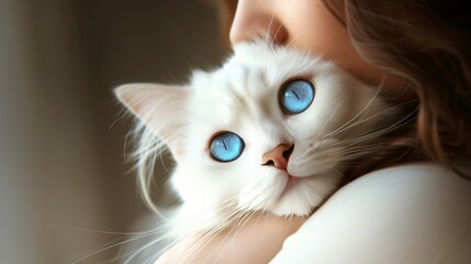 color photo of a captivating white cat with enchanting blue eyes, nestled lovingly on a woman's shoulder, their bond radiating pure affection in the comfort of a domestic backdrop 