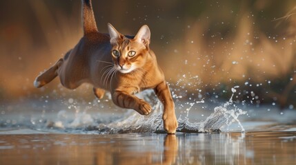 color photo of a captivating Abyssinian cat leaping from the water, its short, ticked coat shimmering under the sunlight, exuding an aura of energy and agility