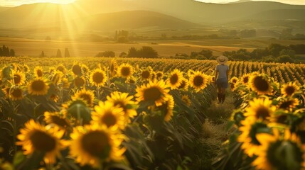 Fototapeta premium A farmer harvesting rows of sunflowers for oil extraction