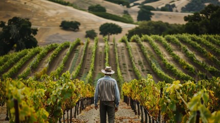 A farmer inspecting rows of grapevines in a vineyard