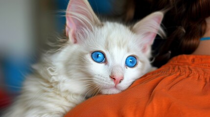 white cat with enchanting blue eyes, nestled lovingly on a woman's shoulder, their bond radiating pure affection in the comfort of a domestic backdrop 