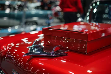 Foto op Canvas A glossy, red mockup box on the hood of a polished, vintage car at a classic auto show. 32k, full ultra hd, high resolution © Annu's Images