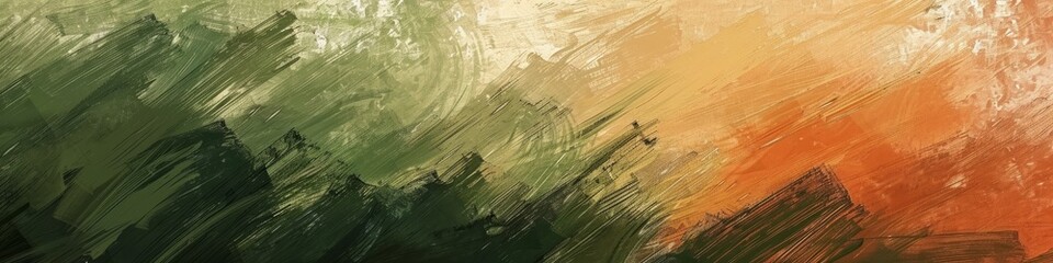 Abstract painting with textured brushstrokes in shades of green and orange. Banner.