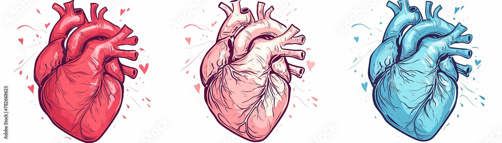 Poster three hearts with different colors and one of them has a heart on it