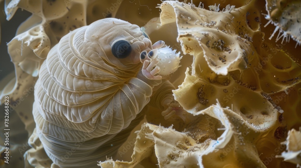 Poster magnified view of a tardigrade engulfing a small spherical object with its mouth reminiscent of a pi