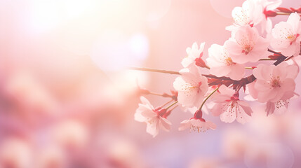 Spring border or background art with pink blossom. Beautiful nature scene with blooming tree and sun flare