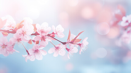 Fototapeta na wymiar Spring border or background art with pink blossom. Beautiful nature scene with blooming tree and sun flare