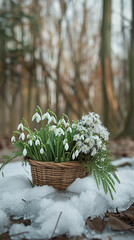 A basket of snowdrops and early spring flowers, placed on a melting snowbank in a forest clearing, symbolizing the end of winter and the promise of spring. 32k, full ultra hd, high resolution