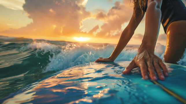 A woman is carrying her surfboard towards the ocean.