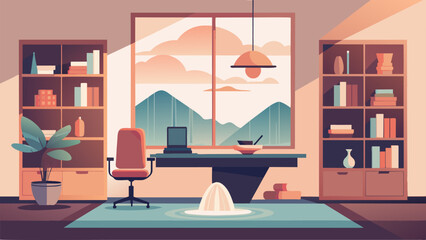 Embracing the principles of feng shui this zenstyle home office features a balance of elements from the flowing water fountain to the warm glow - obrazy, fototapety, plakaty
