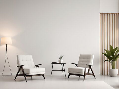  Modern minimal interior with two armchair on empty white color wall background  with copy space