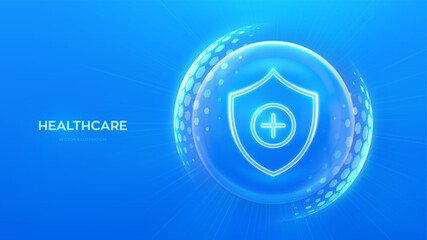 Healthcare. Health insurance. Protection shield cross icon inside transparent sphere shield with hexagon pattern on blue background. Health Care and Medical services concept. Vector illustration.