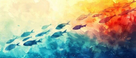 Fototapeta na wymiar Sea of fish silhouettes, watercolor world beneath waves