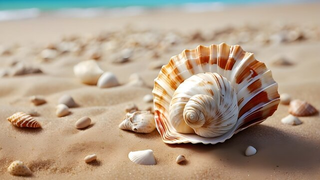 "A digital illustration of a single, pristine seashell on a sandy beach, Art Styles: Digital Realism, Art Inspirations: Beach Art, Camera: Close-up, Shot: Close-up, Render: Colorful, Detailed Illustra
