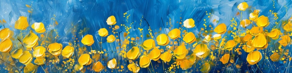 Bright yellow flowers contrast against a cobalt blue background in a striking painting. Banner. Copy space.