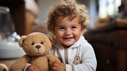 Cute baby holding stuffed bear toy at home