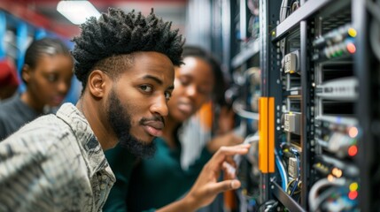 An action shot of an IT spet in motion navigating through a maze of servers and equipment with precision and confidence while colleagues look on in awe and admiration. . - obrazy, fototapety, plakaty