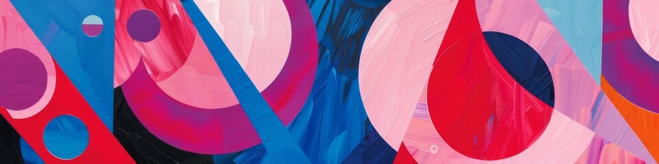 A banner featuring an abstract painting with pink, blue, and red circles on a cerulean fuchsia pink background.