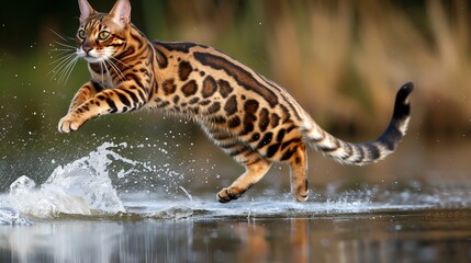 color photo of a mesmerizing Bengal cat gracefully leaping from the water, its sleek coat glistening under the sunlight, capturing the essence of elegance and agility