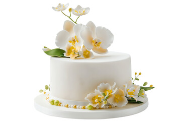 Fototapeta na wymiar A simple white wedding cake with a sugar orchid topper, transparent background